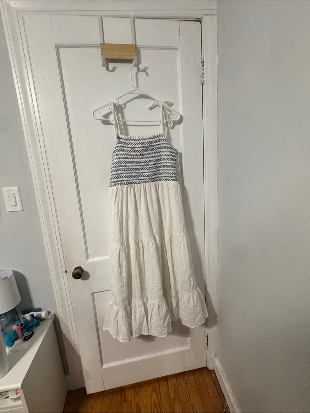 Lucky Brand White Midi Dress with Blue Smocked Bodice